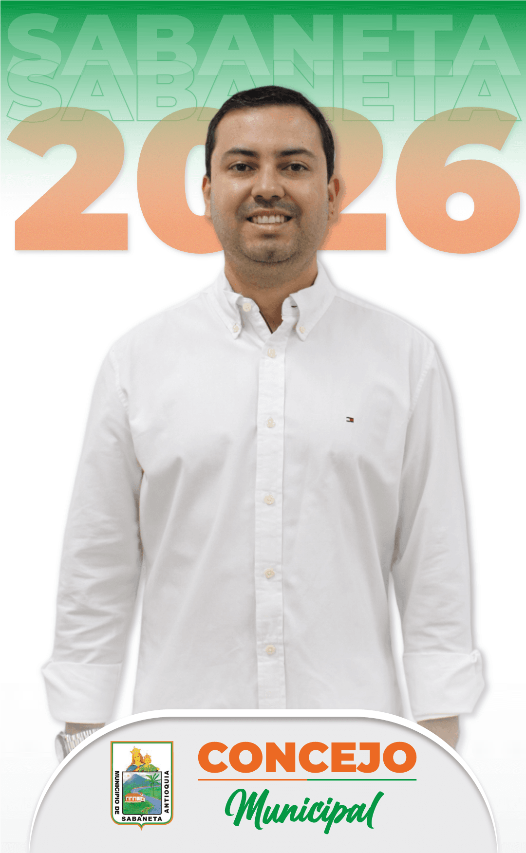Afiche oficial de Lucas Restrepo Jiménez para el Concejo Municipal de Sabaneta 2026, con camisa blanca y el escudo del municipio