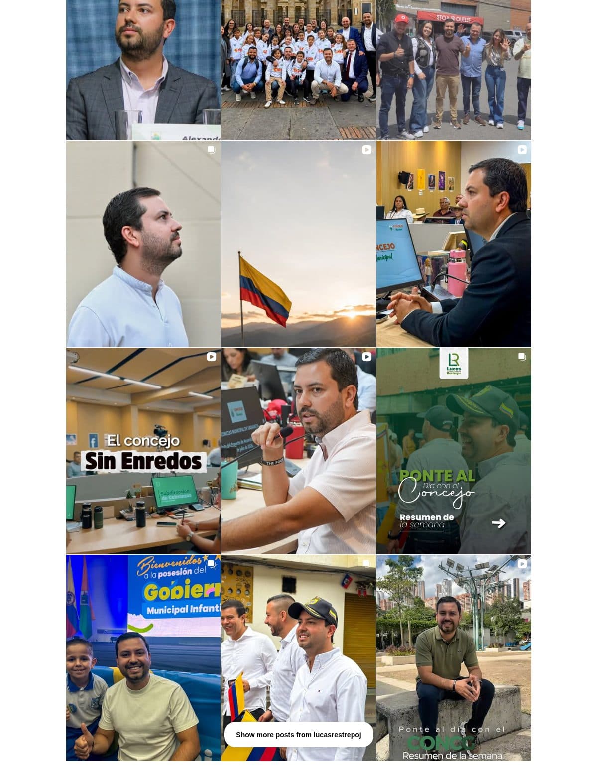 Grilla pública de Instagram de Lucas Restrepo, concejal de Sabaneta, con la bio Hagamos La Tarea.